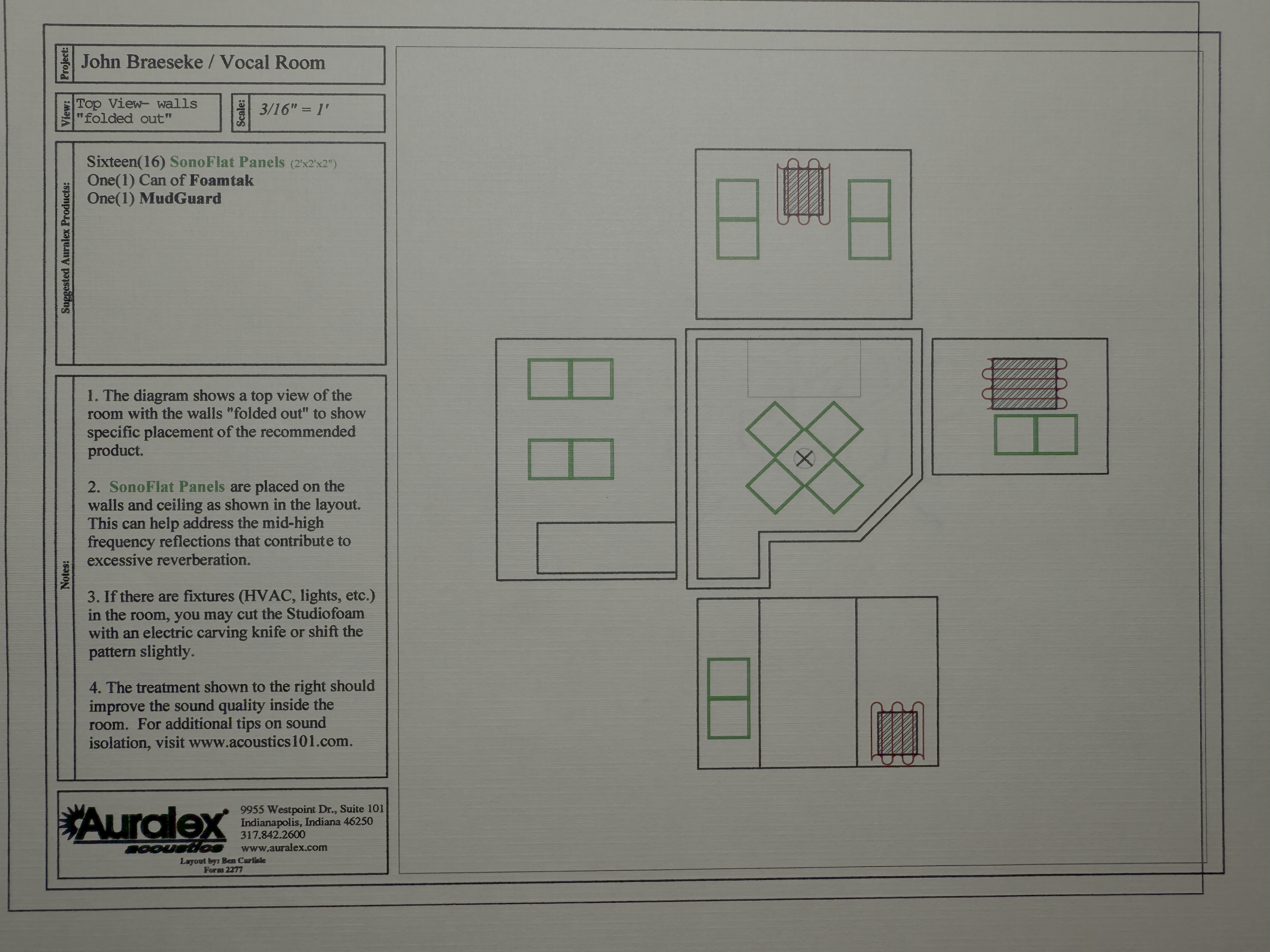 Spec drawing of vocal room by Auralex. Features listed are 16 SonoFlat Panels, 1 can of Foamtak, and 1 MudGuard